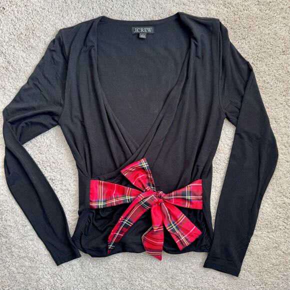 JCrew holiday vneck faux wrap top tartan plaid bow sz small - Picture 1 of 13